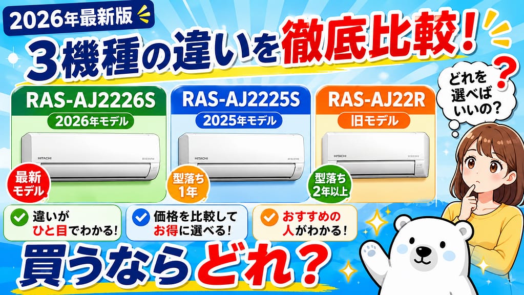 RAS-AJ2226S・RAS-AJ2225S・RAS-AJ22Rの違いを比較。発売年・価格・特徴を分かりやすく解説したアイキャッチ画像。
