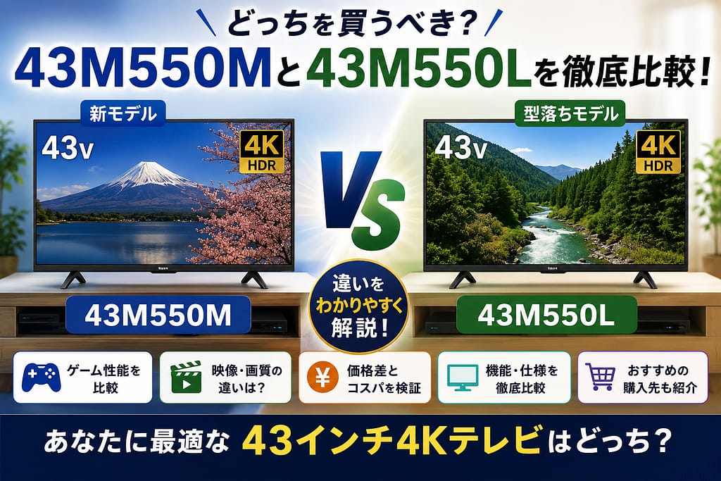 43M550Mと43M550Lの違いを比較した43インチ4Kテレビのアイキャッチ画像。新モデル43M550Mと型落ちモデル43M550Lを左右に配置し、ゲーム性能・画質・価格差・機能比較・おすすめ購入先などをわかりやすく紹介している比較デザイン。