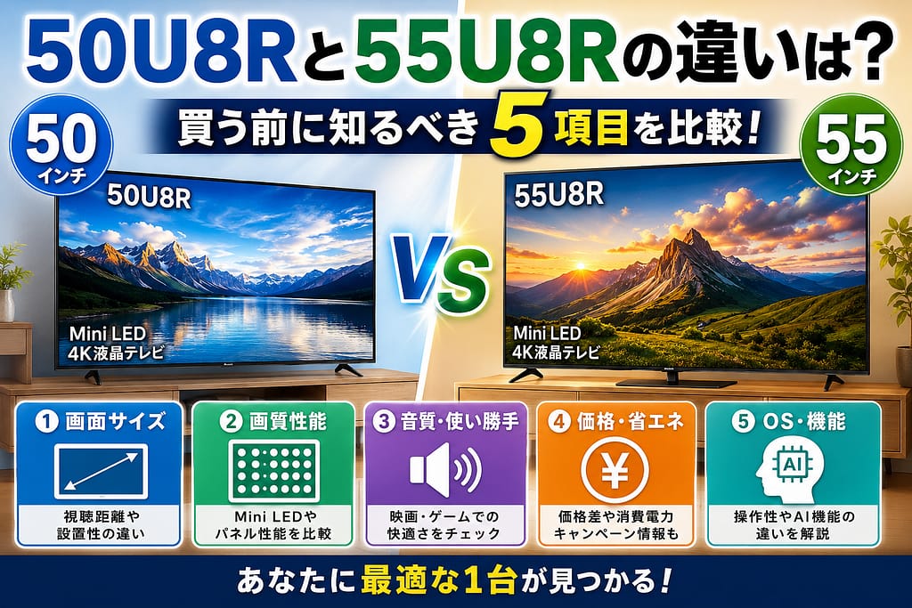 50U8Rと55U8Rの違いを比較したアイキャッチ画像。50インチと55インチのMini LED 4K液晶テレビを並べて、画面サイズ・画質性能・音質・価格・OS機能の5項目をわかりやすく解説している比較ビジュアル。