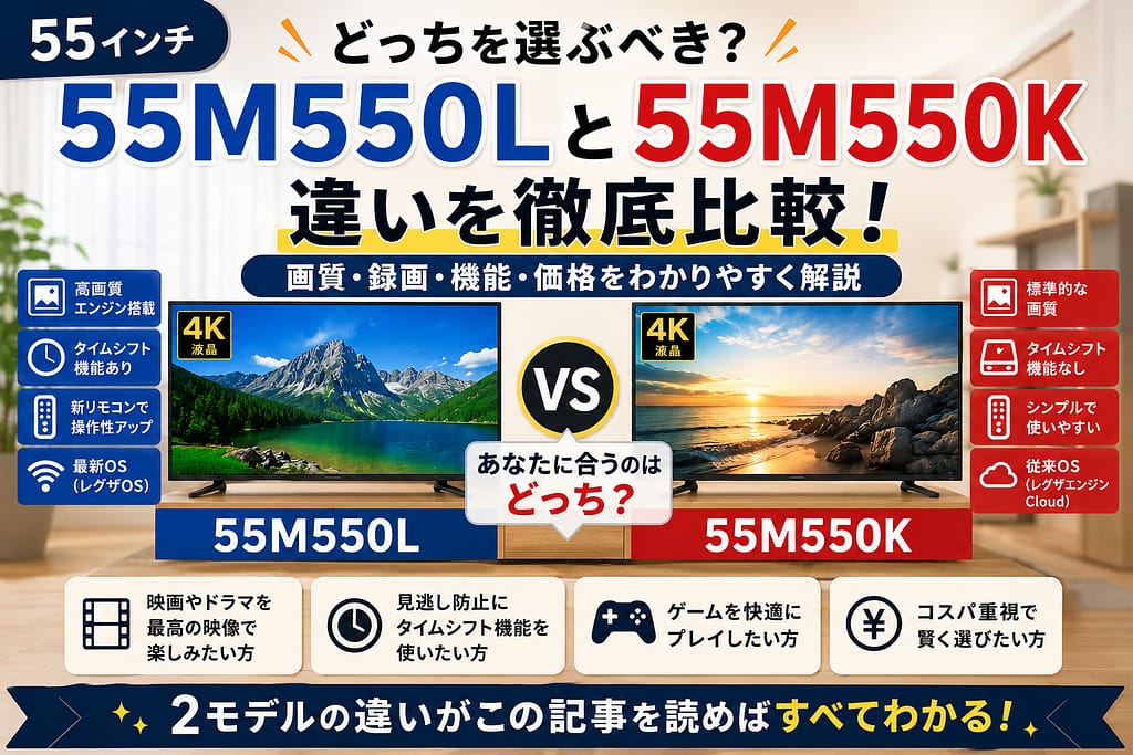 55M550Lと55M550Kの違いを比較したアイキャッチ画像。55インチ4Kテレビの画質・録画機能・タイムシフト・OS・価格の違いを図解で紹介している比較イラスト。