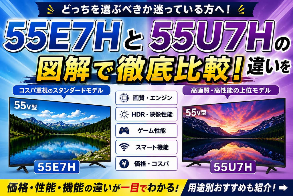 55E7Hと55U7Hの違いを比較したアイキャッチ画像。画質・HDR・ゲーム性能・価格・スマート機能などの違いを図解でわかりやすく紹介しているハイセンス4Kテレビ比較イメージ。
