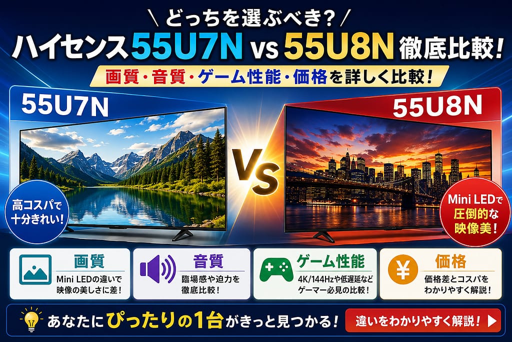 55U7Nと55U8Nの違いを比較したアイキャッチ画像。Mini LED搭載の55U8Nと高コスパの55U7Nを、画質・音質・ゲーム性能・価格の4項目で分かりやすく比較しているデザイン。