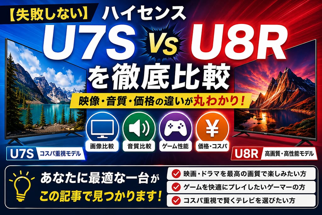 ハイセンスU7SとU8Rの違いを比較したアイキャッチ画像。映像・音質・ゲーム性能・価格の違いを分かりやすく図解し、コスパ重視のU7Sと高画質重視のU8Rを対比しているデザイン。