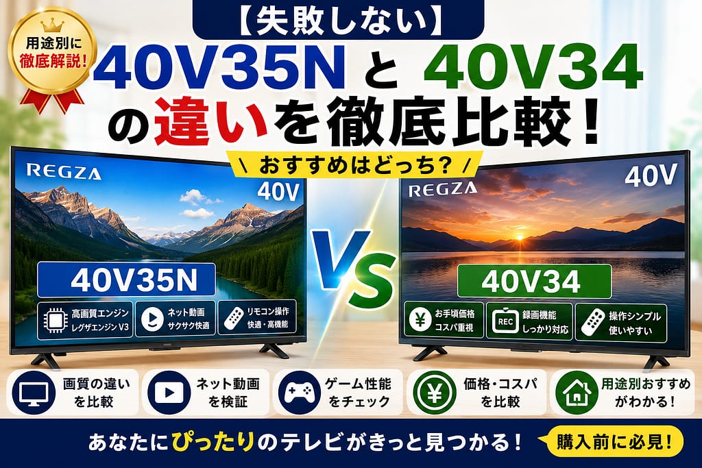 40V35Nと40V34の違いを比較したアイキャッチ画像｜REGZAテレビの画質・価格・機能差をわかりやすく解説した比較イメージ