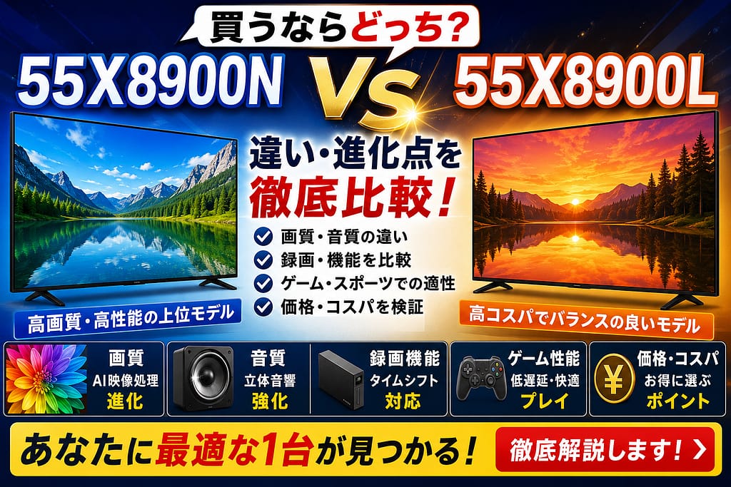 55X8900Nと55X8900Lの違いを比較したアイキャッチ画像。青とオレンジの背景で2台の4Kテレビを並べ、画質・音質・録画機能・ゲーム性能・価格を分かりやすく解説している比較デザイン。