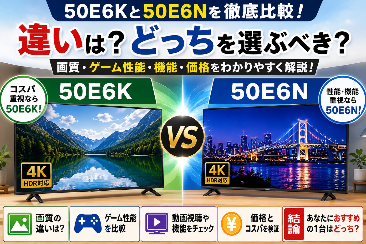 50E6Kと50E6Nの違いを比較したアイキャッチ画像。画質・ゲーム性能・機能・価格の違いを、2台の4Kテレビを使ってわかりやすく解説している比較ビジュアル。