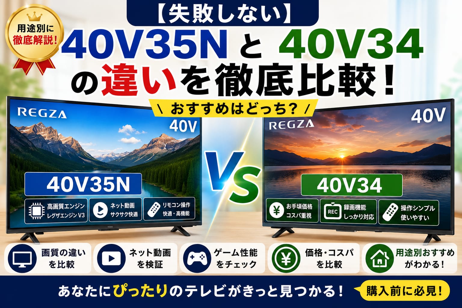 40V35Nと40V34の違いを比較したアイキャッチ画像｜REGZAテレビの画質・価格・機能差をわかりやすく解説した比較イメージ