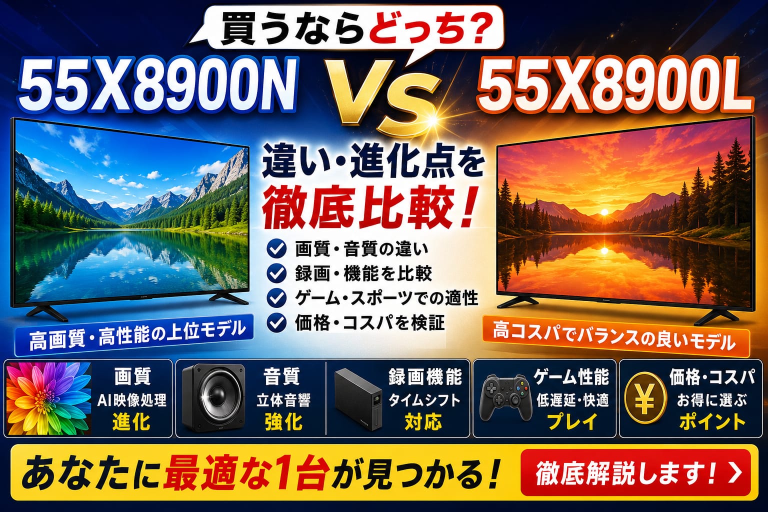 55X8900Nと55X8900Lの違いを比較したアイキャッチ画像。青とオレンジの背景で2台の4Kテレビを並べ、画質・音質・録画機能・ゲーム性能・価格を分かりやすく解説している比較デザイン。