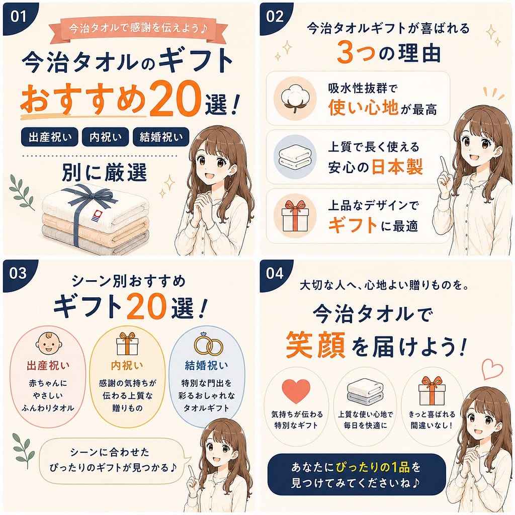 出産祝い・内祝い・結婚祝い向けにおすすめの今治タオルギフト20選を紹介したInstagram風の図解画像。吸水性や日本製の品質、ギフト向けデザインの魅力を、ベージュ・ネイビー・オレンジ系のやさしいデザインでわかりやすくまとめている。