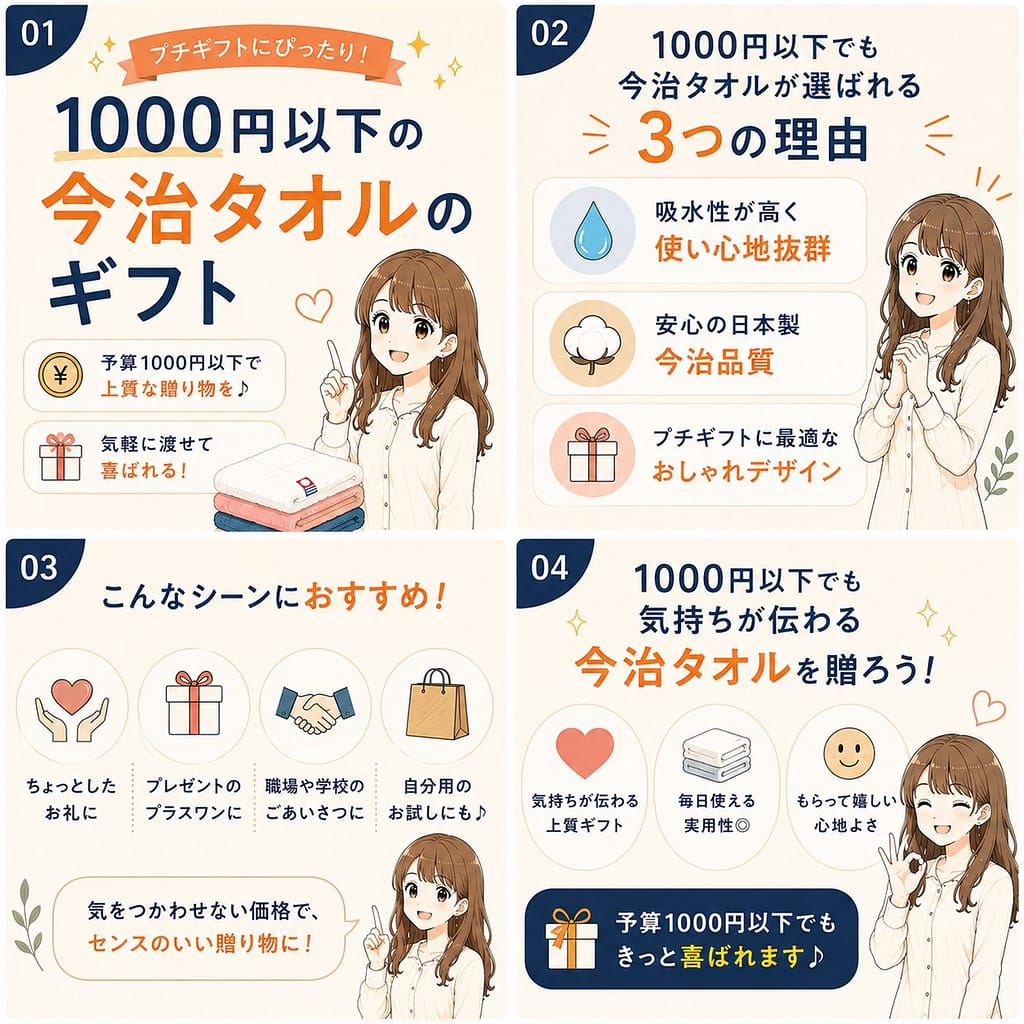1000円以下で贈れる今治タオルギフトを紹介する4枚構成のインフォグラフィック画像。今治タオルが選ばれる理由やおすすめシーン、プチギフトとしての魅力を、イラスト付きでわかりやすく解説している。