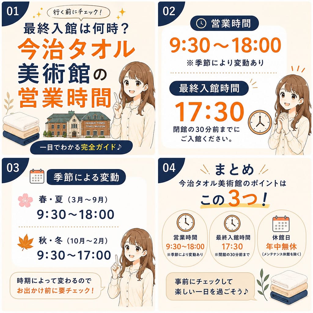 今治タオル美術館の営業時間や最終入館時間、季節ごとの営業時間の違いをわかりやすくまとめたInstagram風の図解画像。営業時間は9:30〜18:00、最終入館は17:30であることや、春夏・秋冬の営業時間の変動、年中無休情報などを、ベージュ・ネイビー・オレンジ系のやさしいデザインで初心者向けに紹介している。