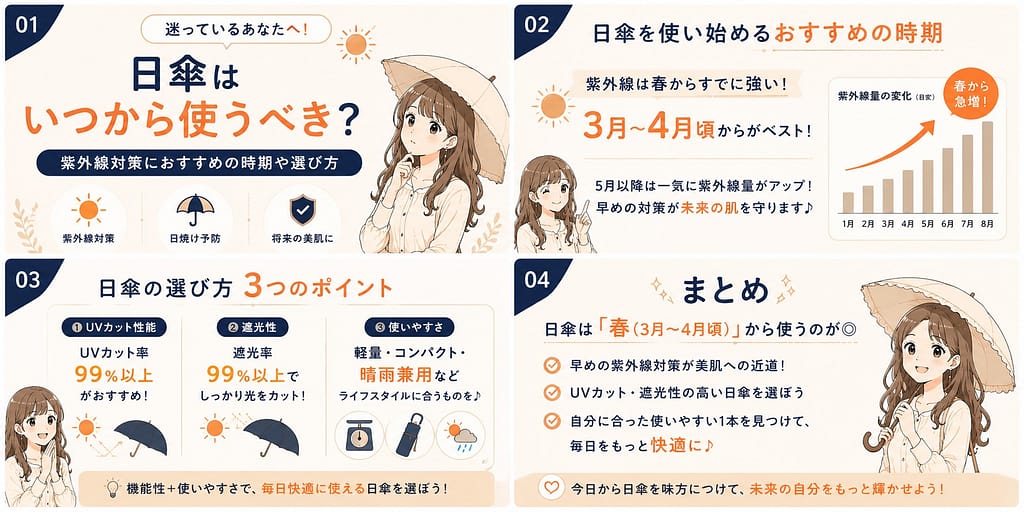 春から始める紫外線対策として、日傘を使い始めるおすすめ時期や選び方を解説したInstagram風の図解画像。UVカット率や遮光性、軽量・コンパクトな日傘の選び方を、やさしいベージュ・ネイビー・オレンジ系デザインで初心者向けにわかりやすく紹介している。