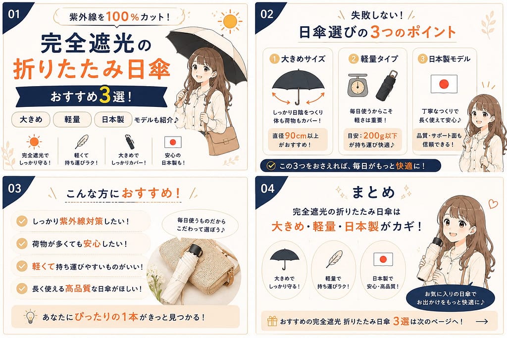 完全遮光の折りたたみ日傘の選び方を解説した図解（大きめ・軽量・日本製モデルのポイントを紹介）