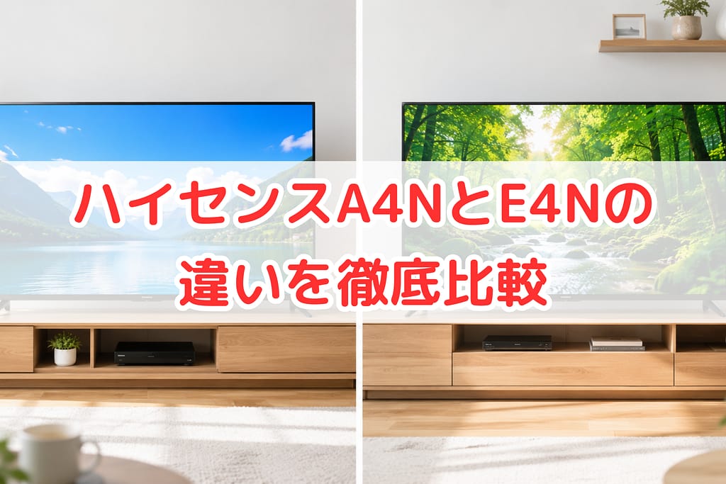 ハイセンスA4NとE4Nの違いを比較したテレビイメージ。左右に並んだ大型テレビの画質比較と「ハイセンスA4NとE4Nの違いを徹底比較」の文字入りアイキャッチ画像。