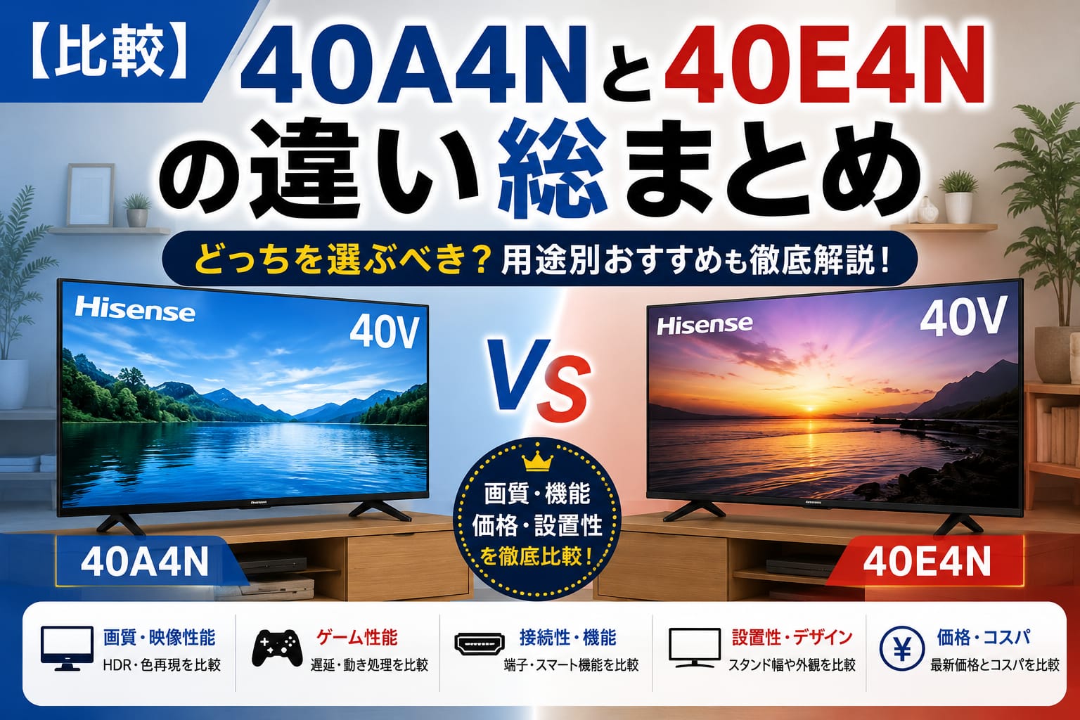 40A4Nと40E4Nの違いを比較したハイセンス40インチテレビのアイキャッチ画像