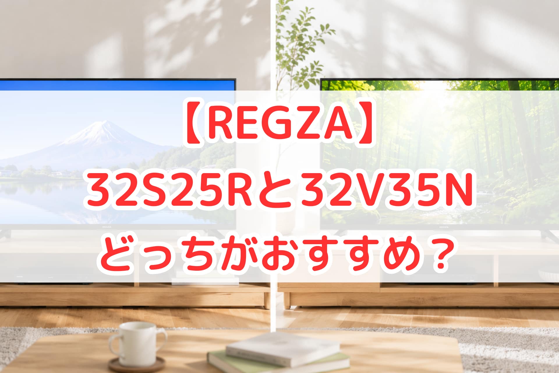 REGZAの32S25Rと32V35Nを比較したアイキャッチ画像。2台のテレビを左右に配置し、「どっちがおすすめ？」というテキスト入りで違いをわかりやすく紹介している比較イメージ。